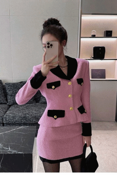 Black Pink Color Matching Flare Tweed Jacket Set